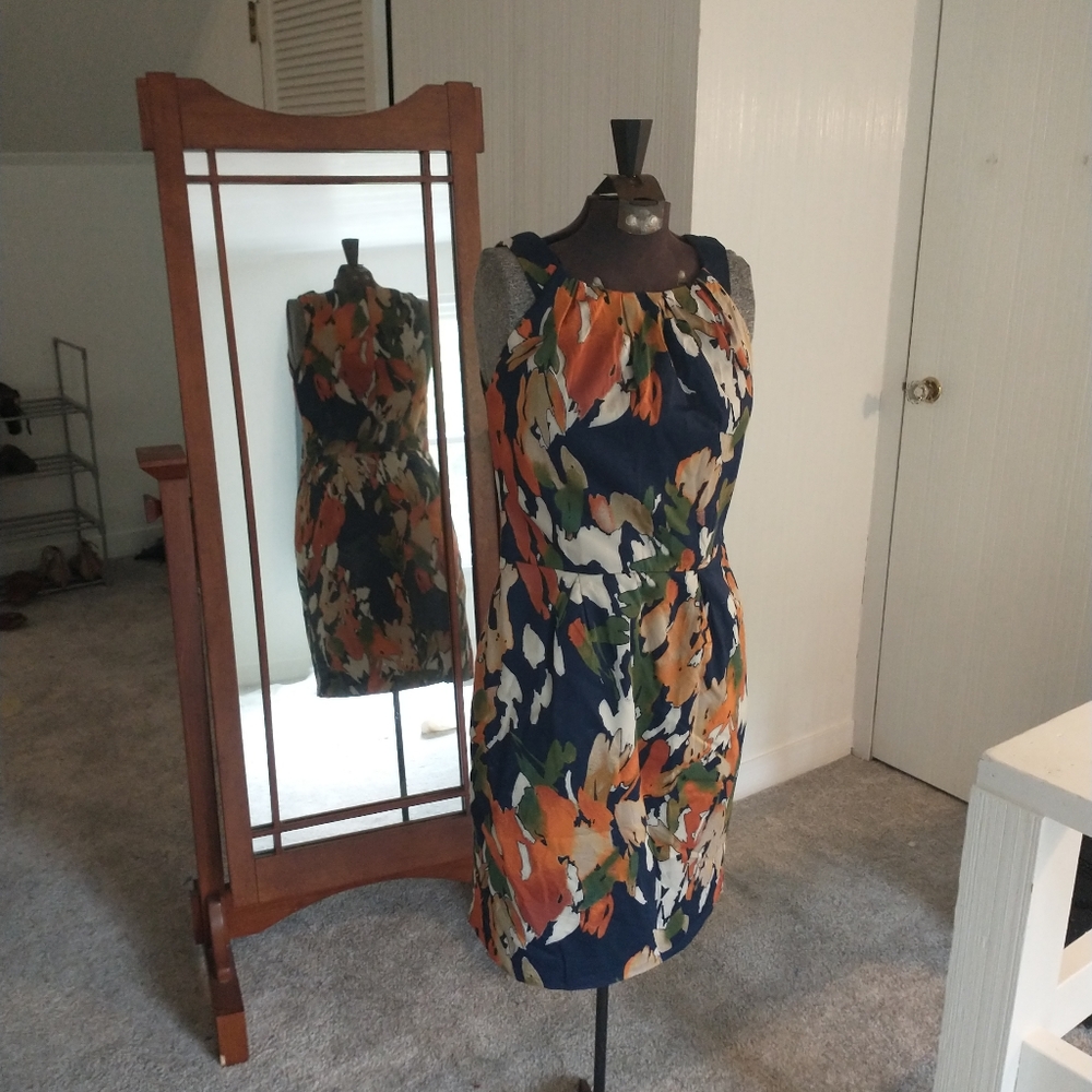 Navy floral boat neck sheath cocktail dress